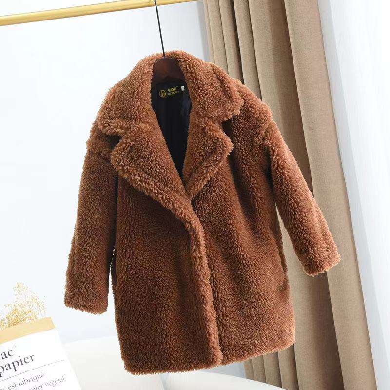 Girls' brown sherpa coat with hood, button front, long sleeves