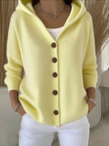Light yellow hooded knit cardigan, button-front placket and long sleeves