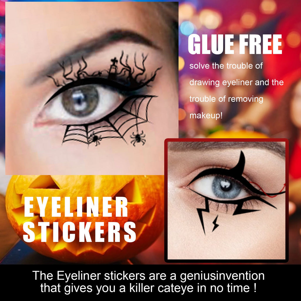 Eye close-up with black Halloween eyeliner sticker showing web and spider details.