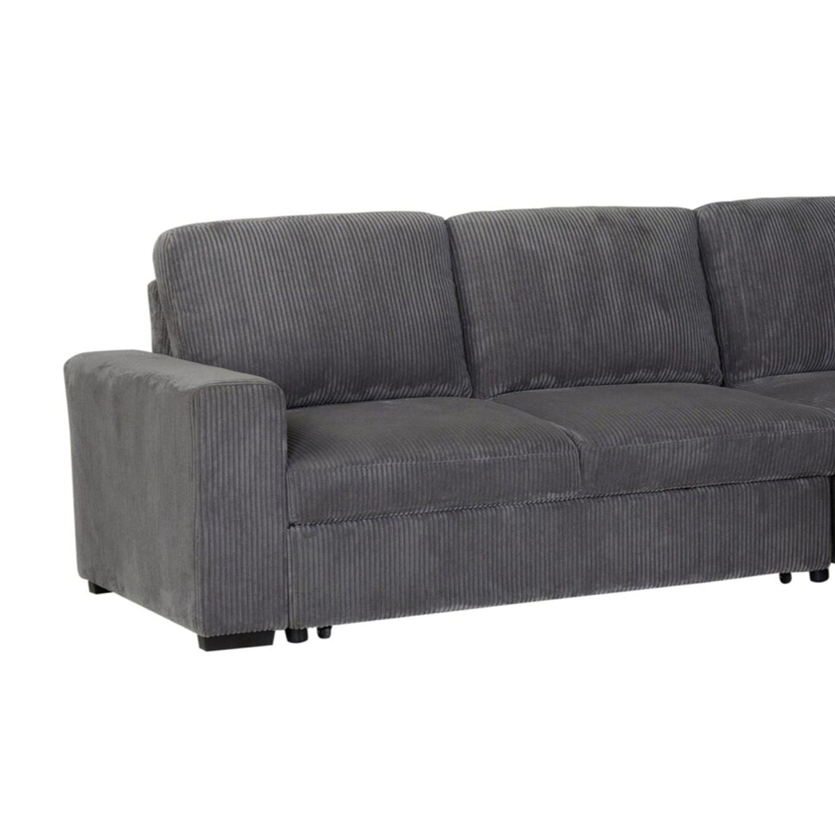 Dark gray two-seat sofa section with tufted back cushions and short legs