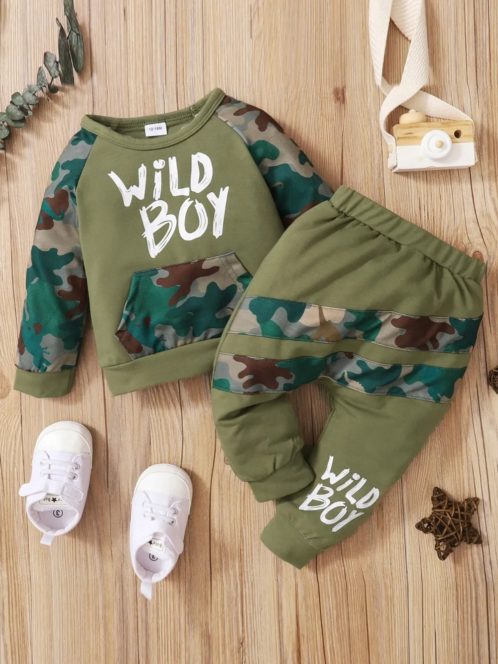 Children's camouflage top and pants set in army green, with “Wild Boy” graphic