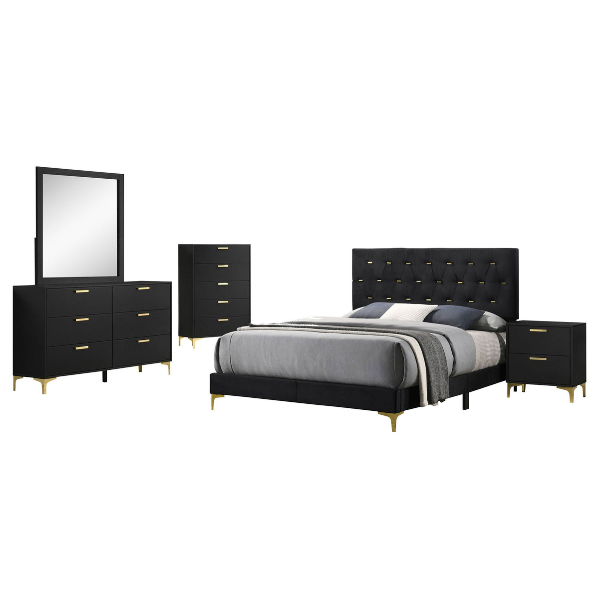 Black upholstered bed with two nightstands and a dresser with mirror