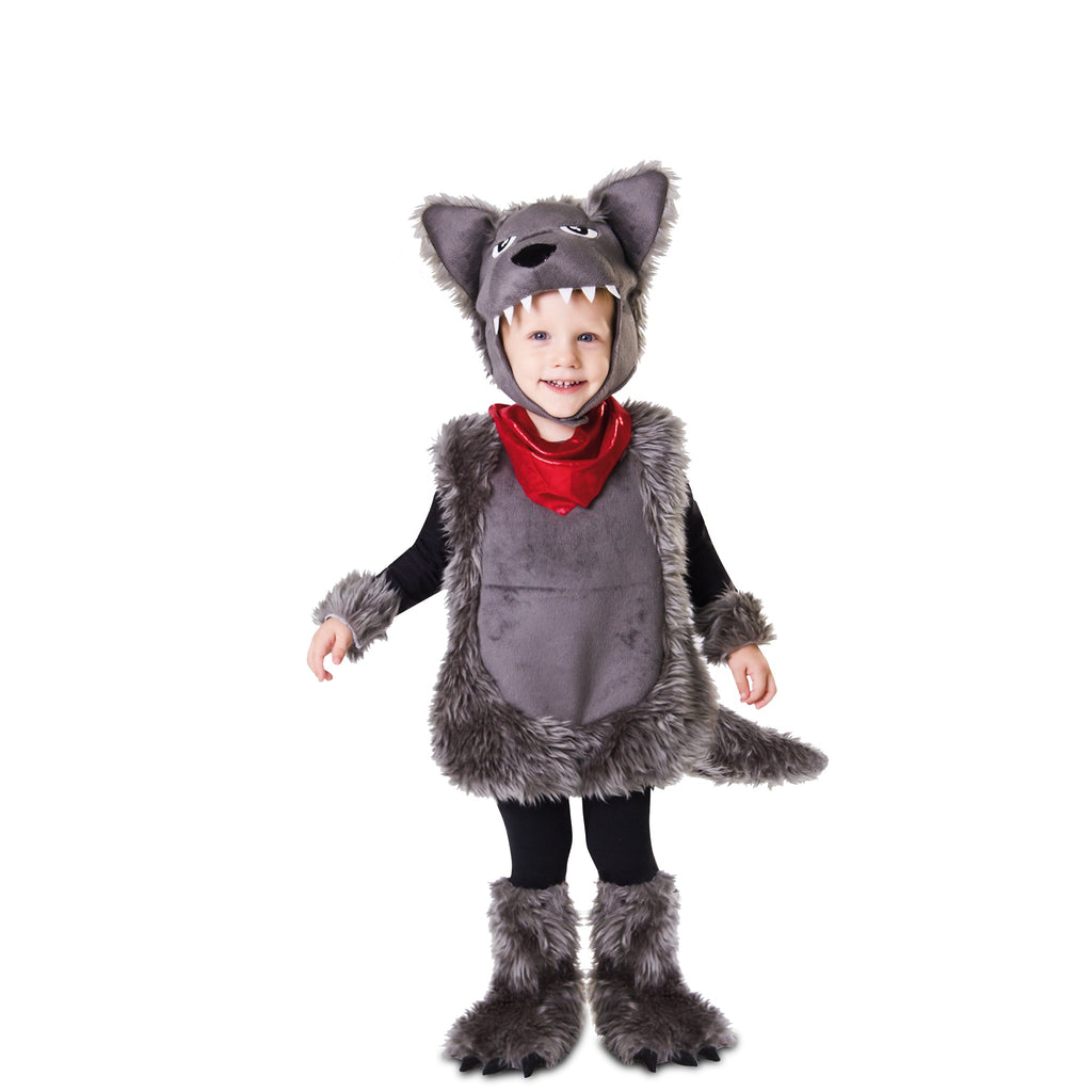 Wolf infant costume with hood, red bandana bib, and fuzzy paw mitts