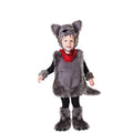 Wolf infant costume with hood, red bandana bib, and fuzzy paw mitts