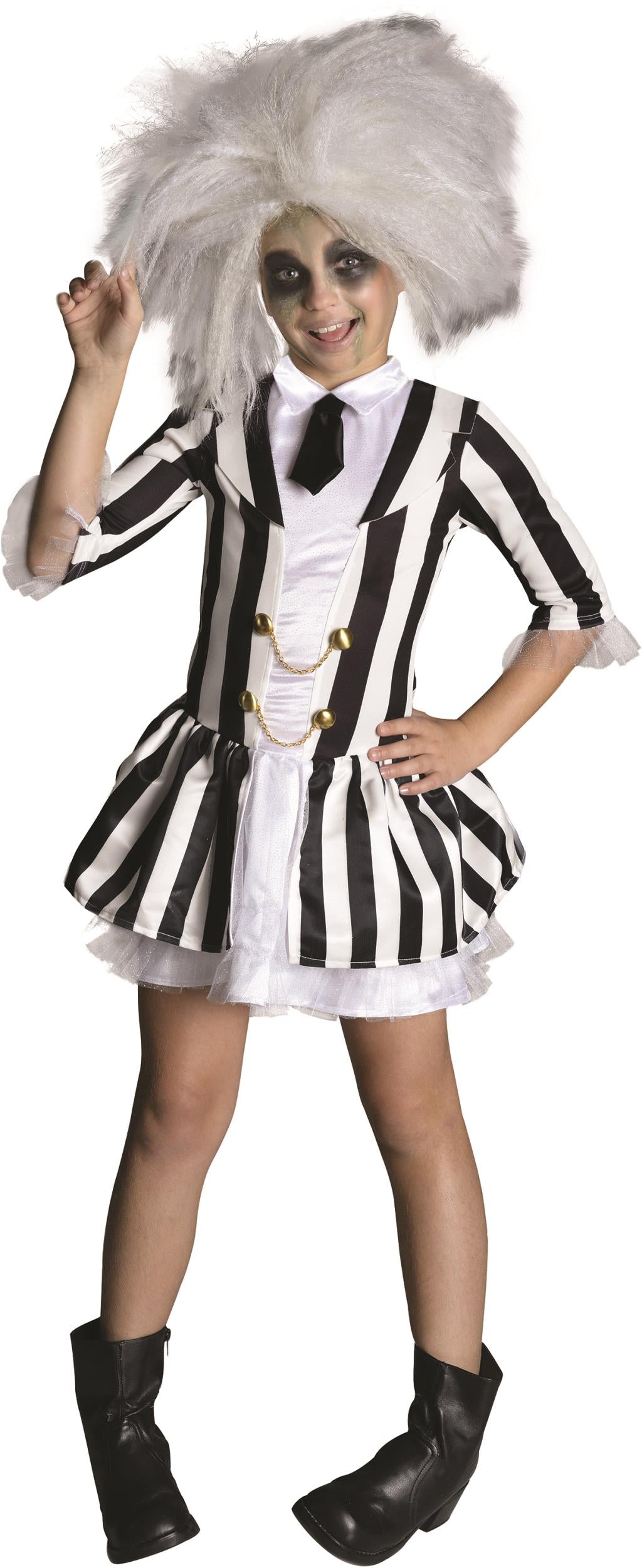 Girls black-and-white striped dress costume with white wig and feather boa