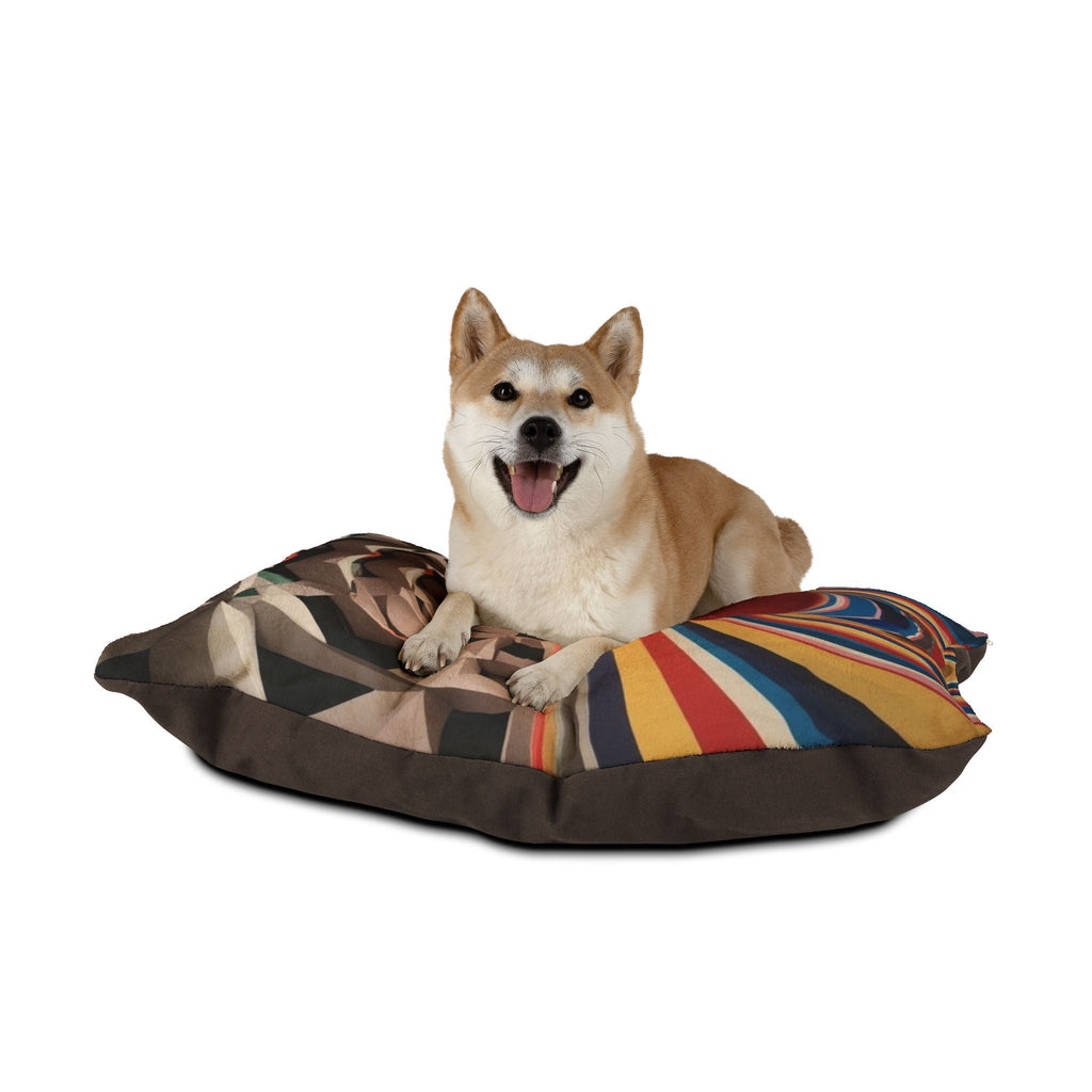 Plush pet bed with geometric and multicolor striped prints; tan dog lying down