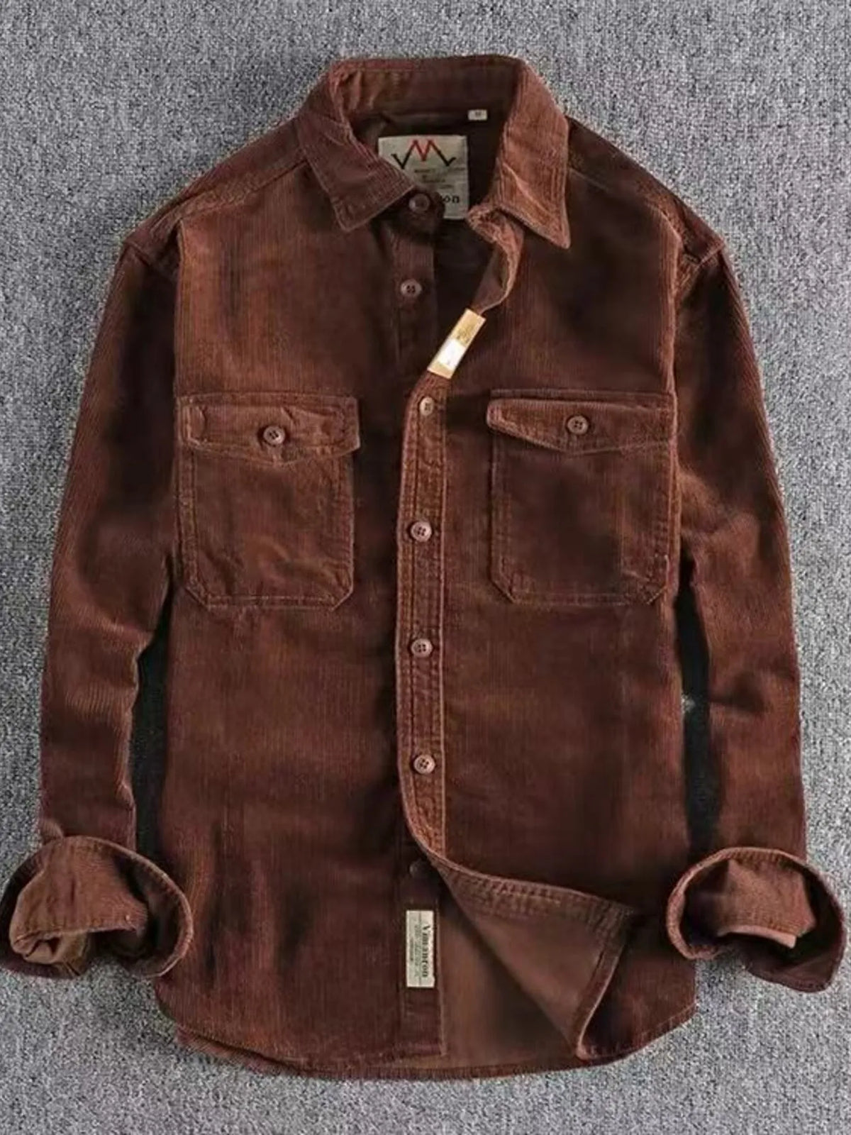 Men’s plus size corduroy long-sleeve button-up shirt, maroon-brown with two chest pockets