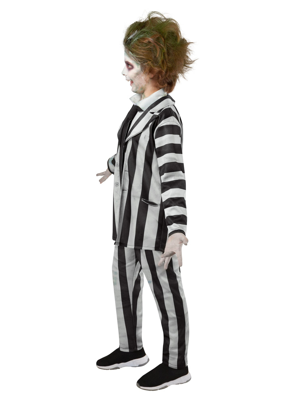Kids black-and-white striped costume suit with jacket, pants, and tie detail