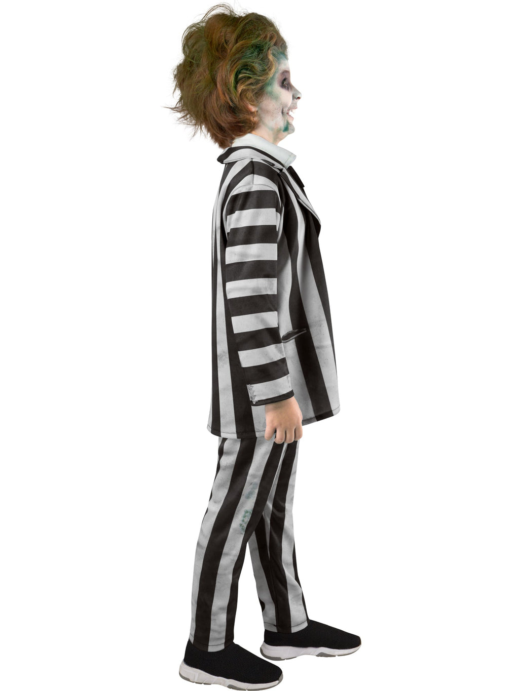 Kids black-and-white striped jacket and pants costume set, side view