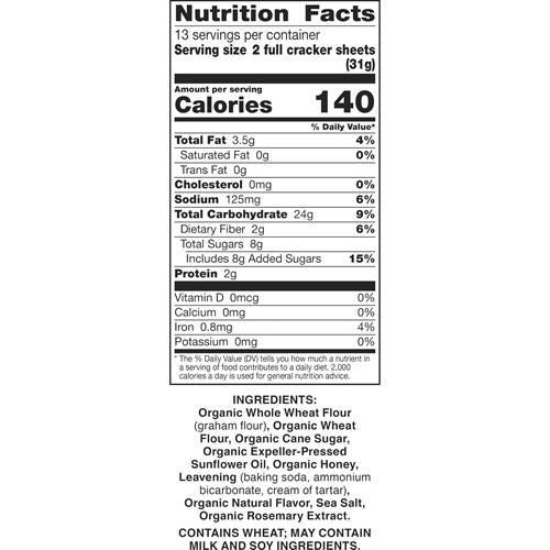 Nutrition Facts panel for Annie's organic honey graham crackers, serving size 2 full crackers.