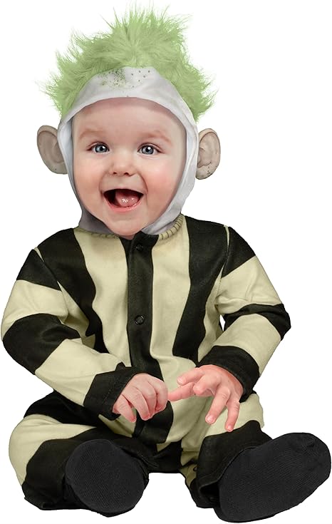 Toddler Beetlejuice-style costume, green wig hood and striped jumpsuit, 4T