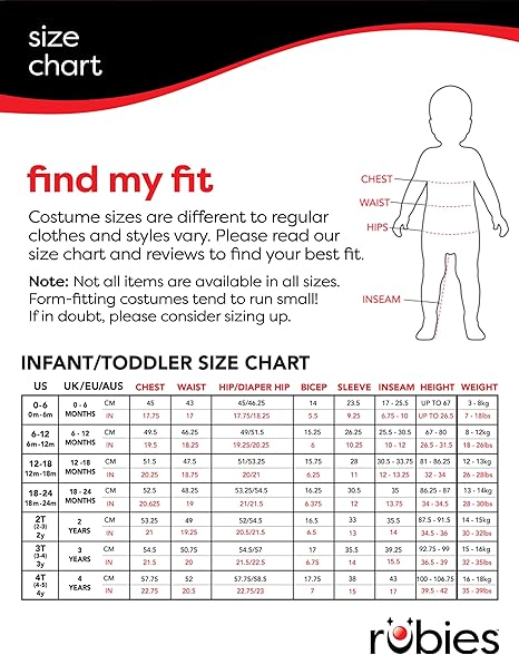 Infant/toddler costume size chart with chest, waist, hips, inseam, height and weight