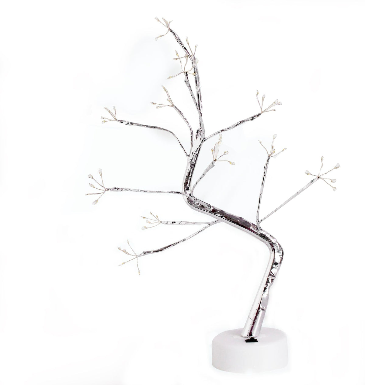 Silver branch LED light tree with warm bulbs on white round base