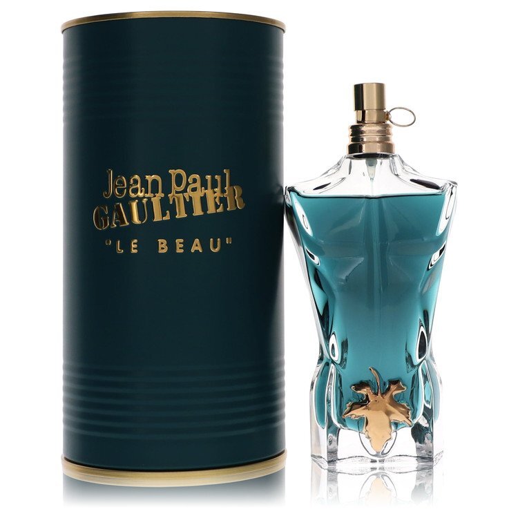 Jean Paul Gaultier Le Beau men's eau de toilette, glass bottle with gold cap and teal liquid