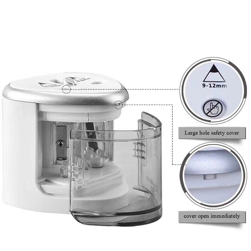 Two-hole electric pencil sharpener with transparent chamber and safety cover view