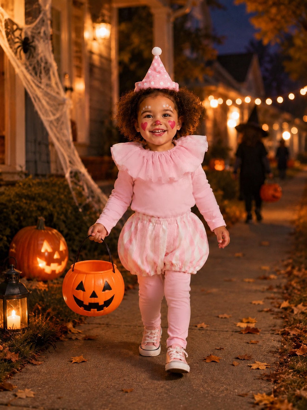 Pink clown costume with tall polka-dot hat, long sleeves, ruffled top, and striped bloomers