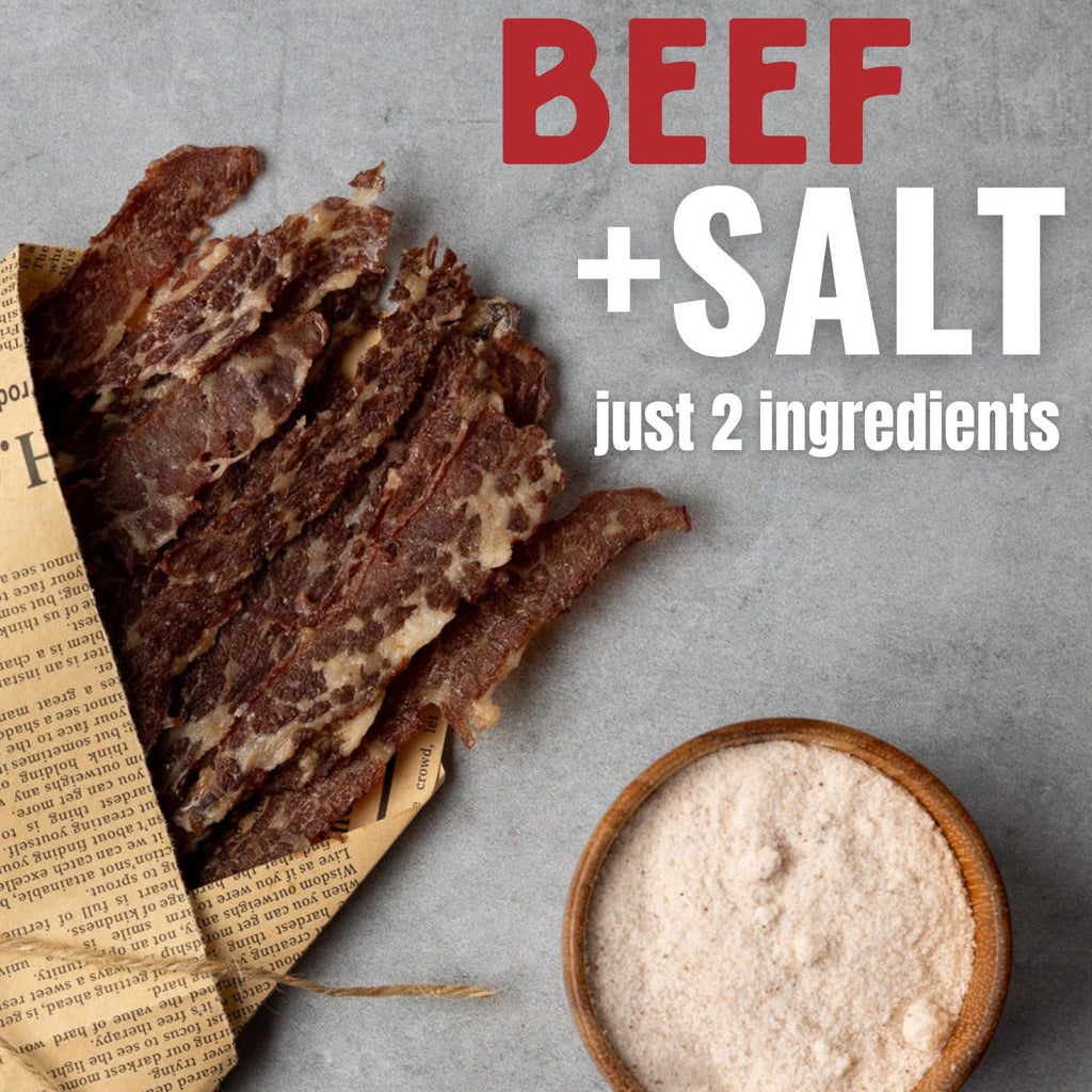 2nd cut brisket meat chips with salt bowl, beef & salt