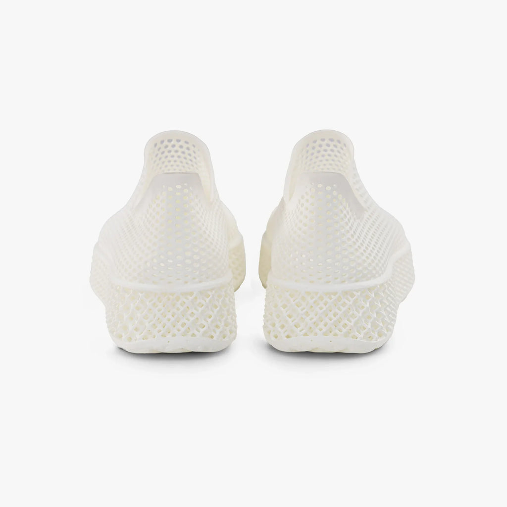 White 3D-printed slip-on sneakers, rear view with textured heel