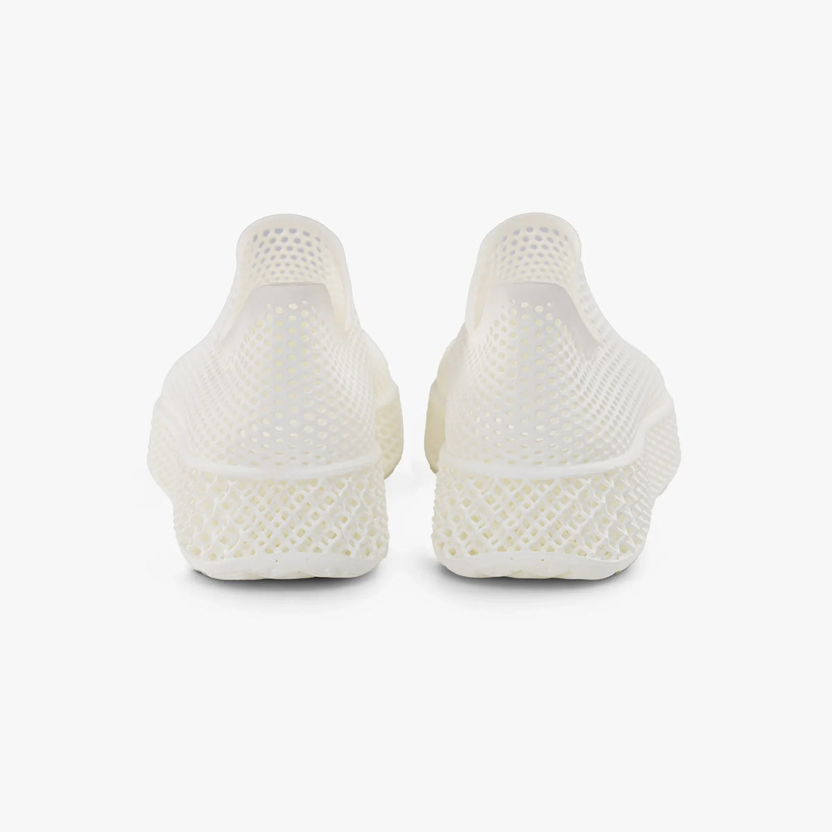 White 3D-printed slip-on sneakers, rear view with textured heel