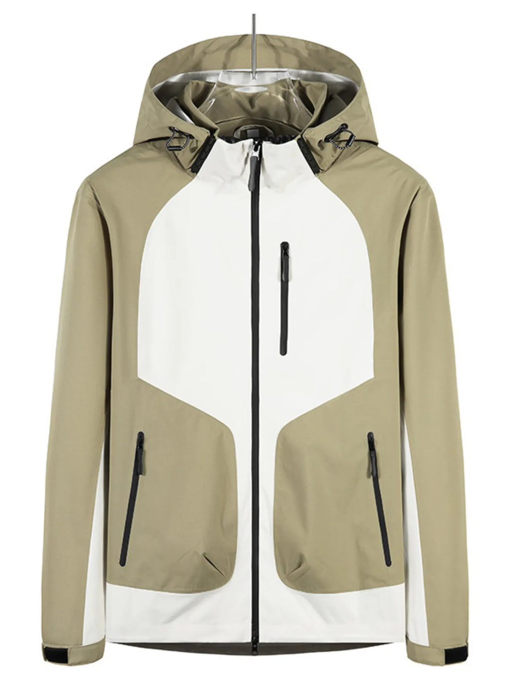 Two-tone waterproof hooded jacket in khaki and white, full front zip, two chest pockets