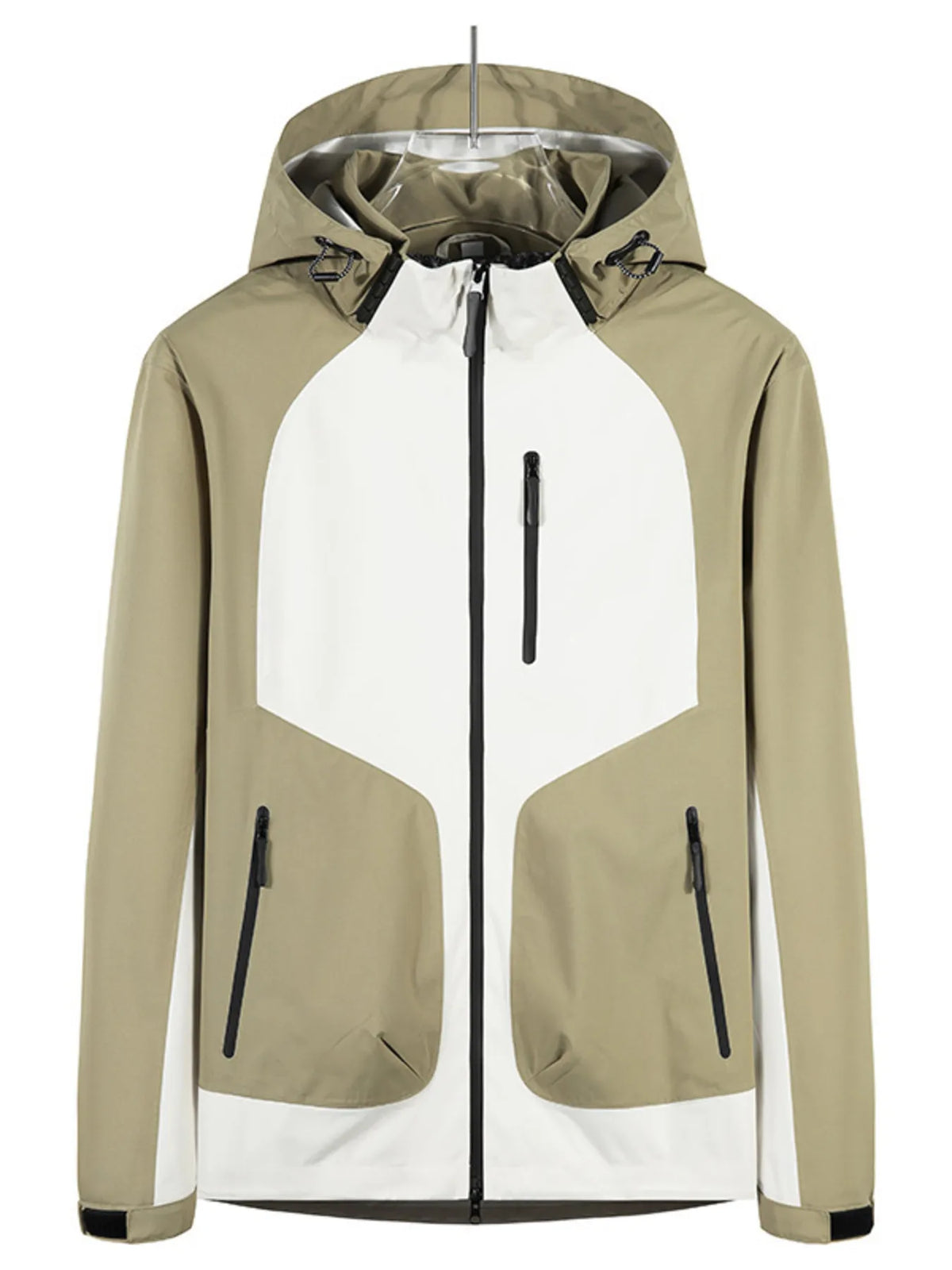 Two-tone waterproof hooded jacket in khaki and white, full front zip, two chest pockets