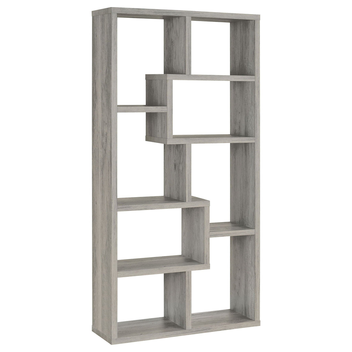 Grey driftwood 6-shelf bookcase, angled view of open cubbies and shelf tiers