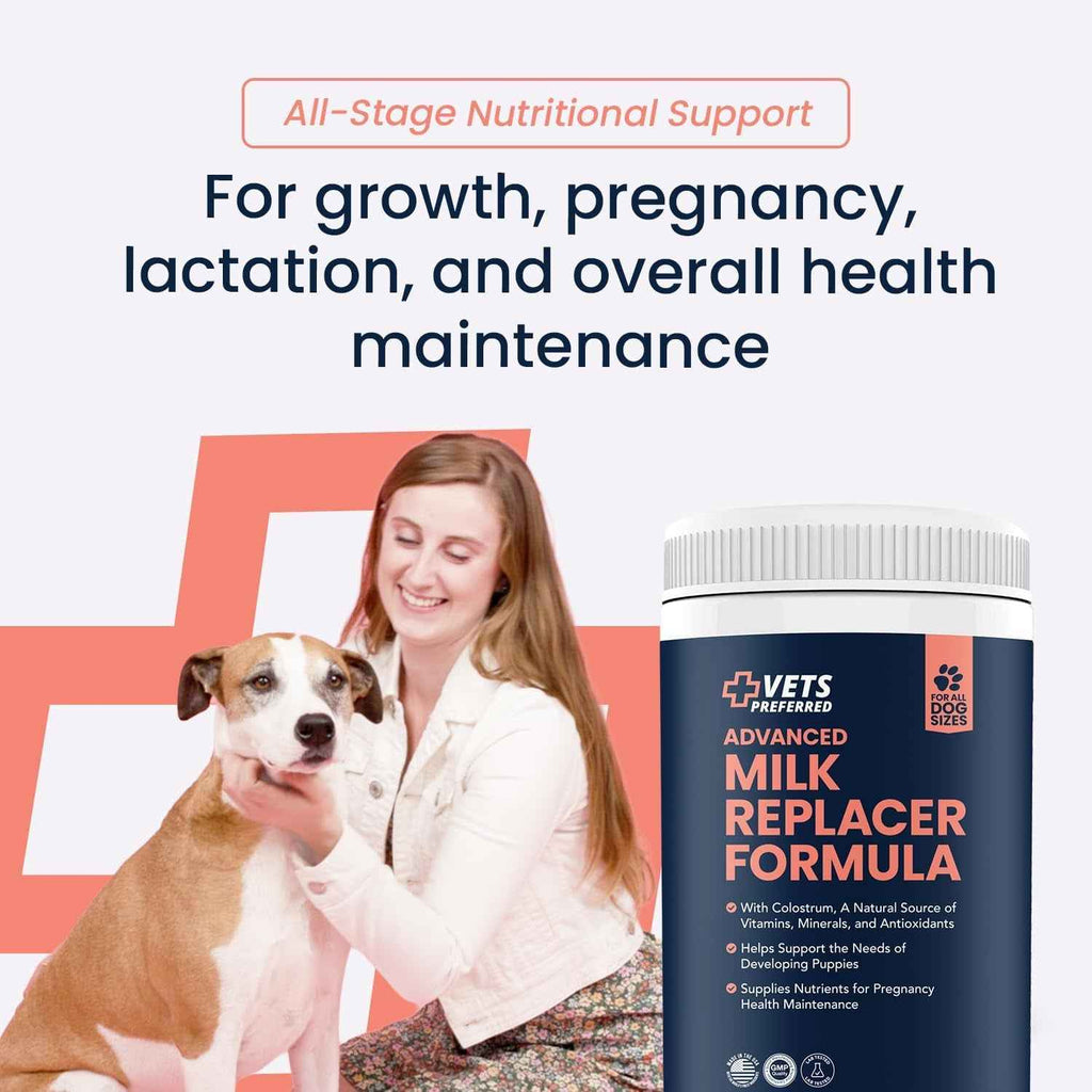 Vets Preferred milk replacer formula tub beside a woman and dog
