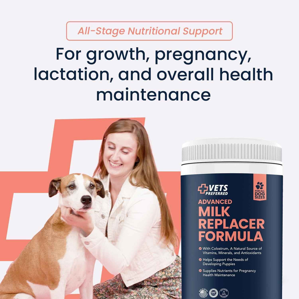 Vets Preferred milk replacer formula tub beside a woman and dog