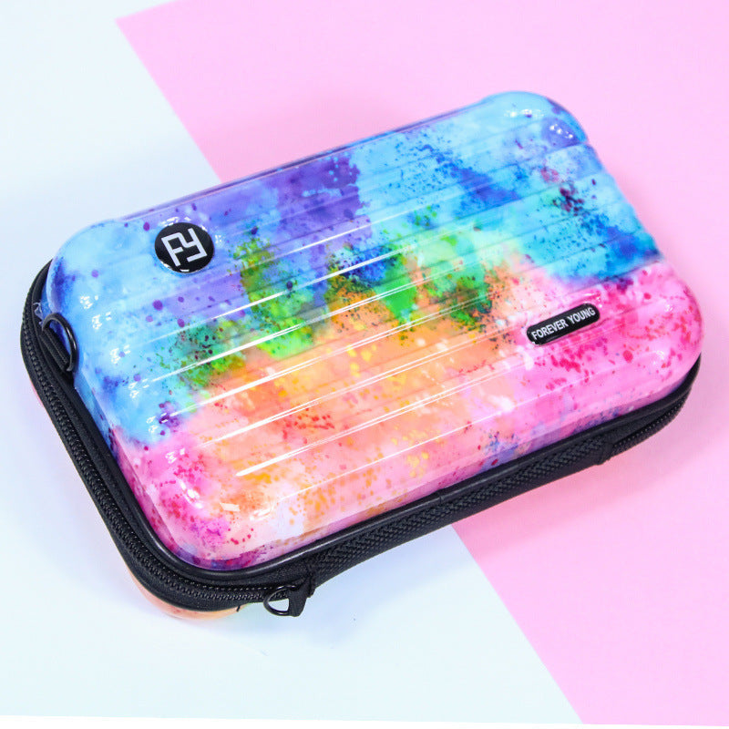 Cosmetic bag with galaxy blue and pink sprinkle print, black zipper