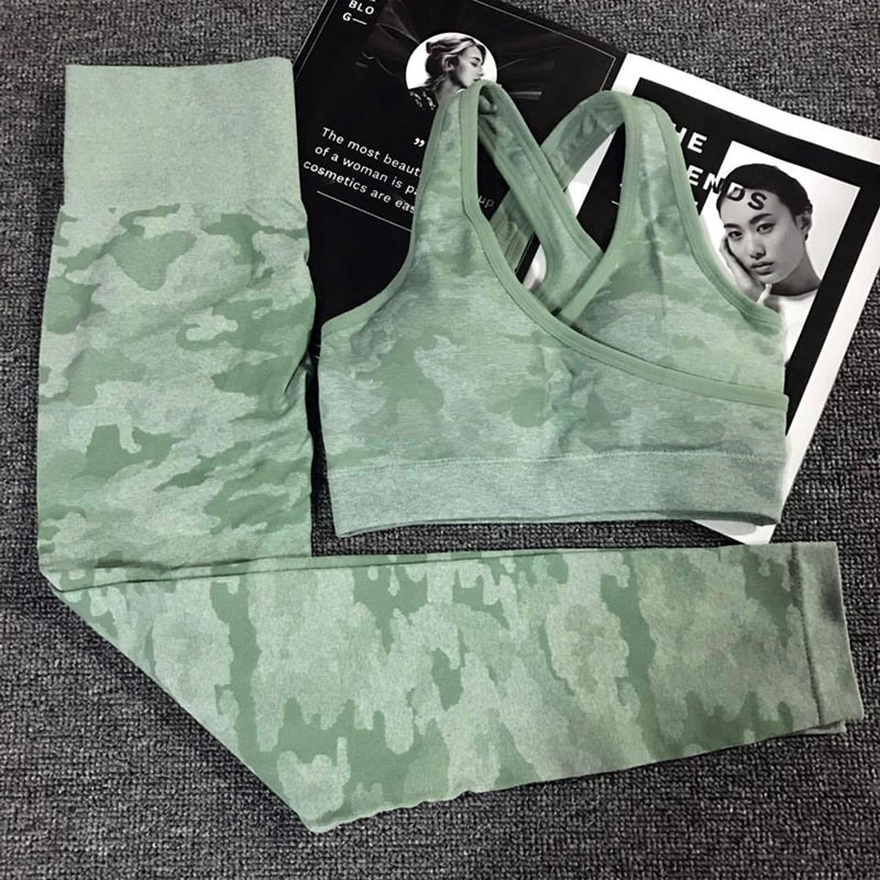 Camouflage yoga set with sports bra and leggings, green and light gray