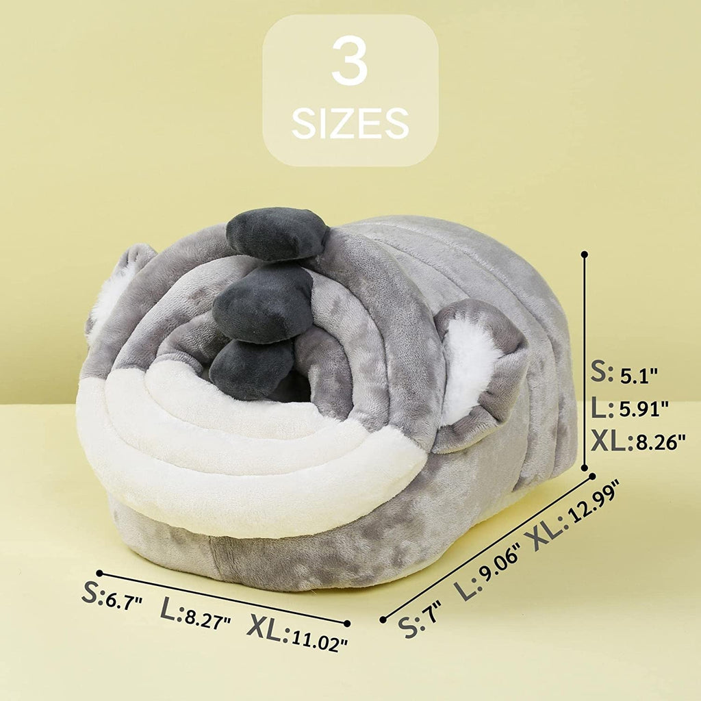 Gray koala-style pet bed shown with size measurements for small, large, and XL