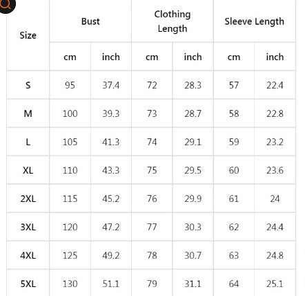 Size chart for sweater: bust, clothing length, sleeve length (cm and inch)