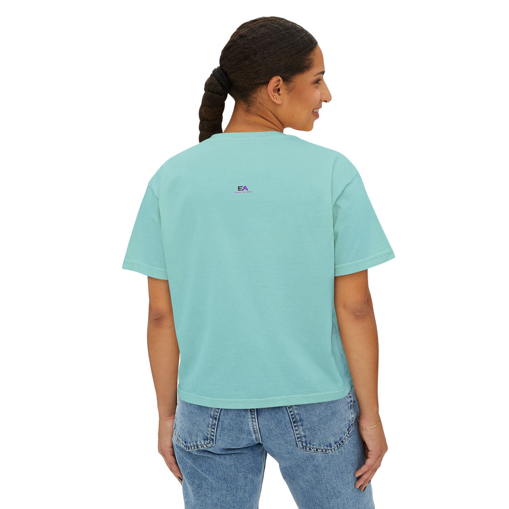 Mint blue boxy cropped tee with small EA logo at upper back