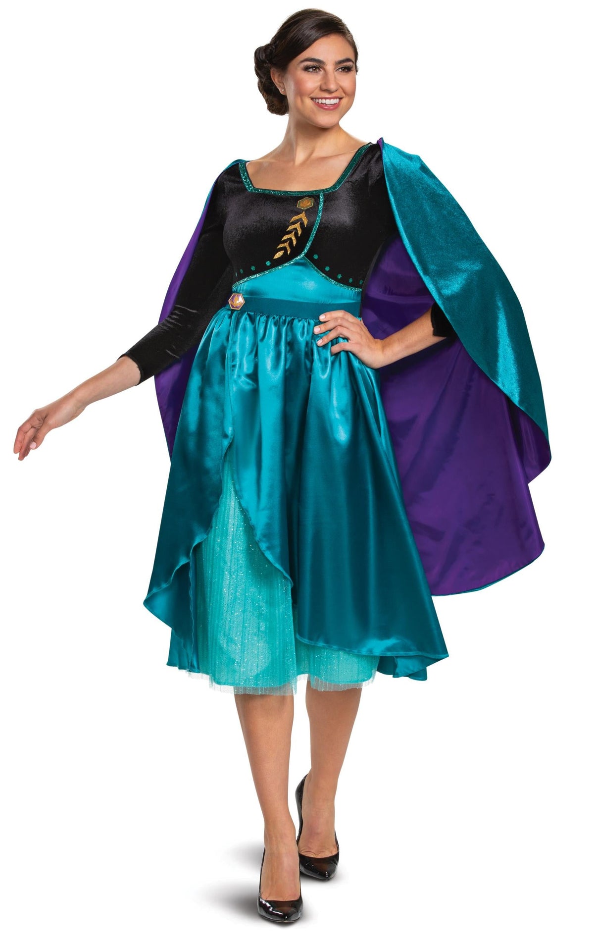 Teal costume dress with purple bodice, gold detailing, and matching cape for women