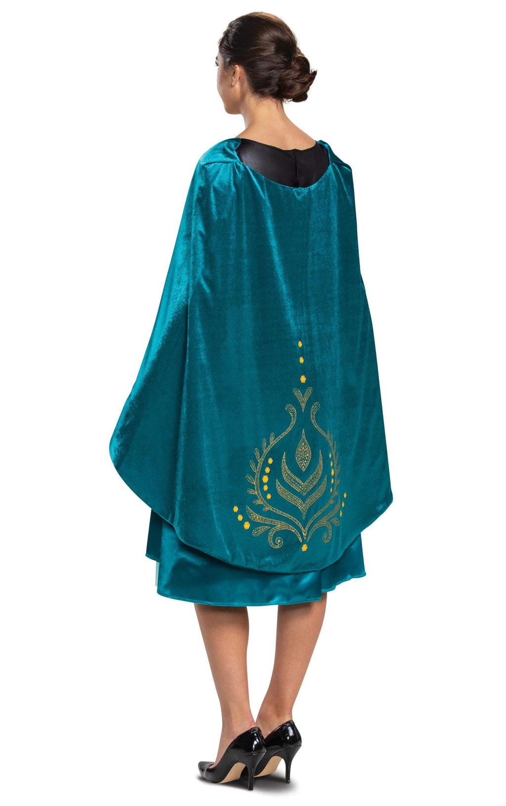 Back view teal cape dress with decorative gold swirl on hem and short skirt