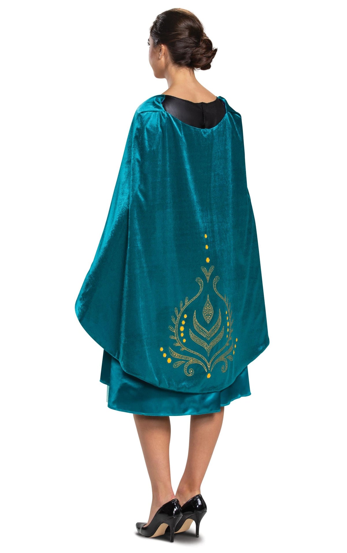 Back view women's costume dress with teal cape and embroidered gold pattern, flared skirt.