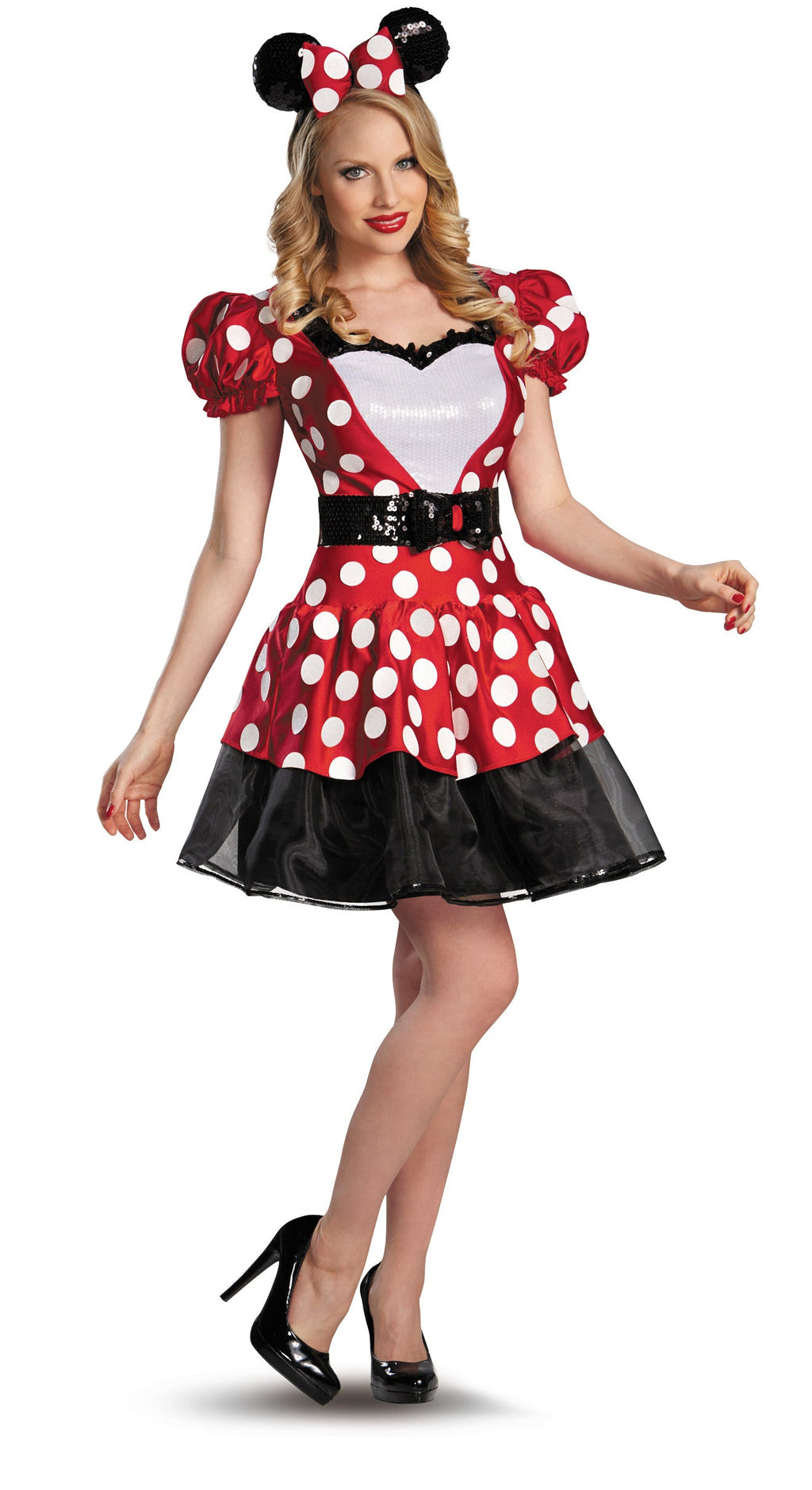Red polka-dot Minnie Mouse costume dress with black bodice, skirt, and bow headband
