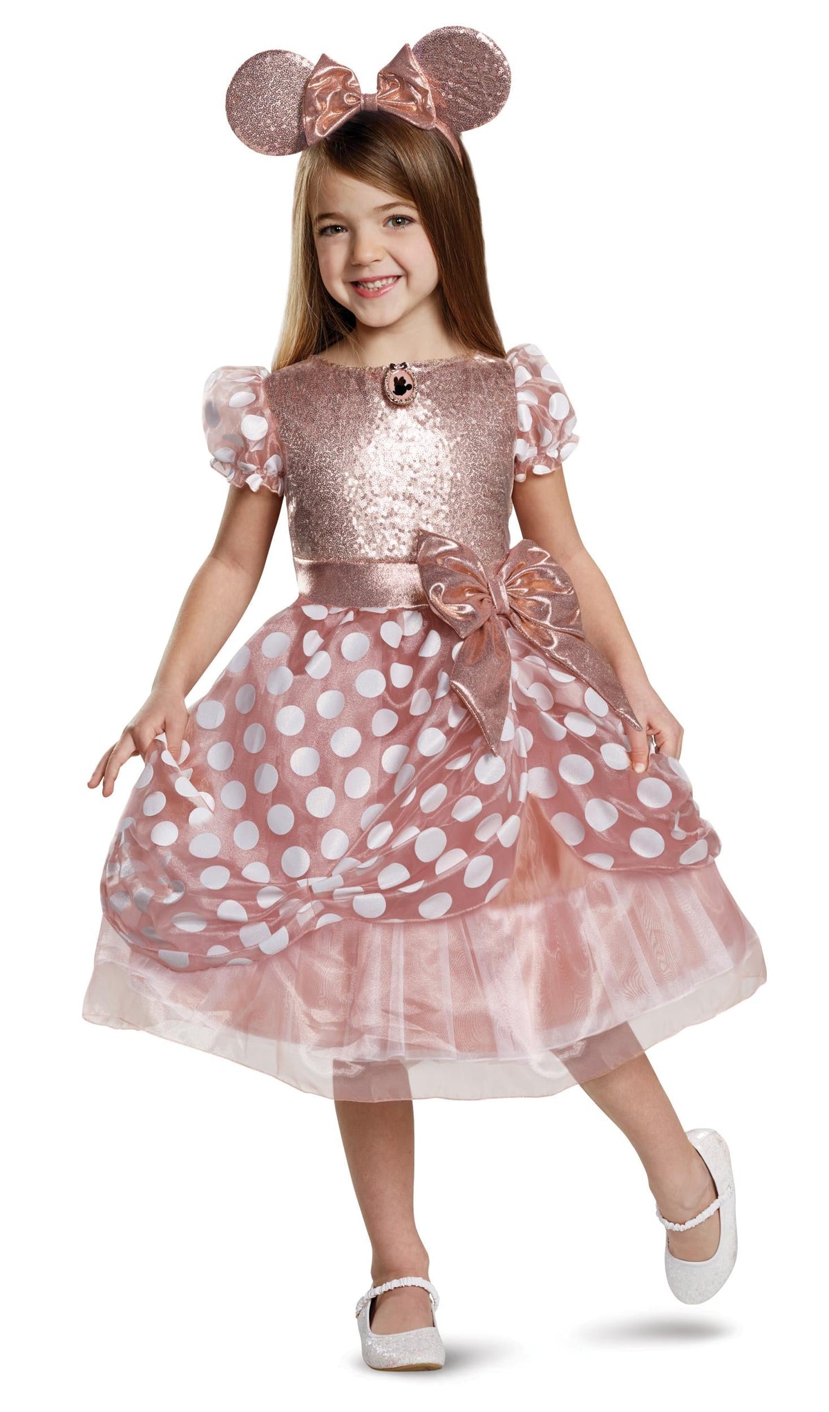 Rose gold sequin Minnie-style child costume with pink polka-dot skirt and tulle hem
