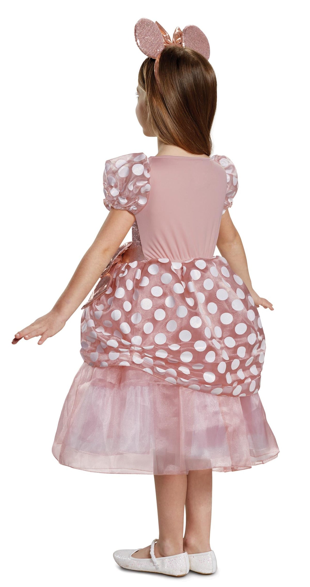 Rose gold and pink Minnie-style child costume from back view, polka-dot skirt and bows