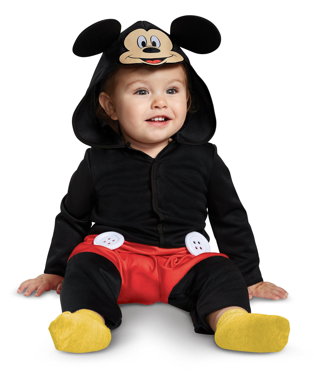 Baby Mickey Mouse hooded costume with black top, red pants, mouse-ear hood