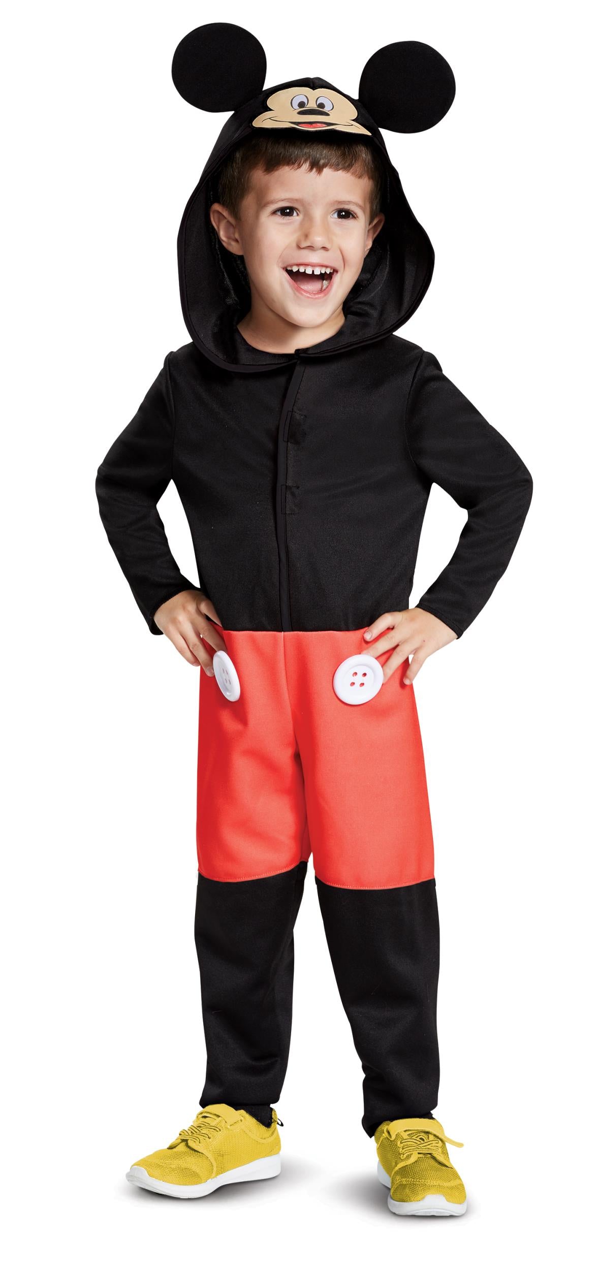 Baby Mickey Mouse costume with black jacket, red pants, mouse-ear hood