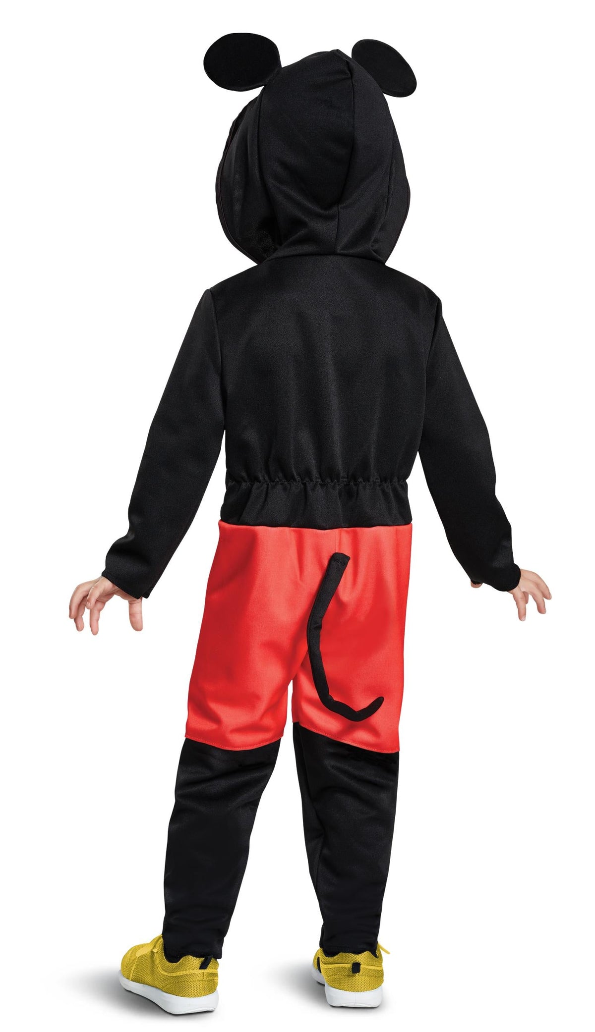 Back view of baby Mickey Mouse hooded costume: black jacket, red pants