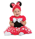 Red infant Minnie-style costume with polka-dot skirt and large white bow headband.