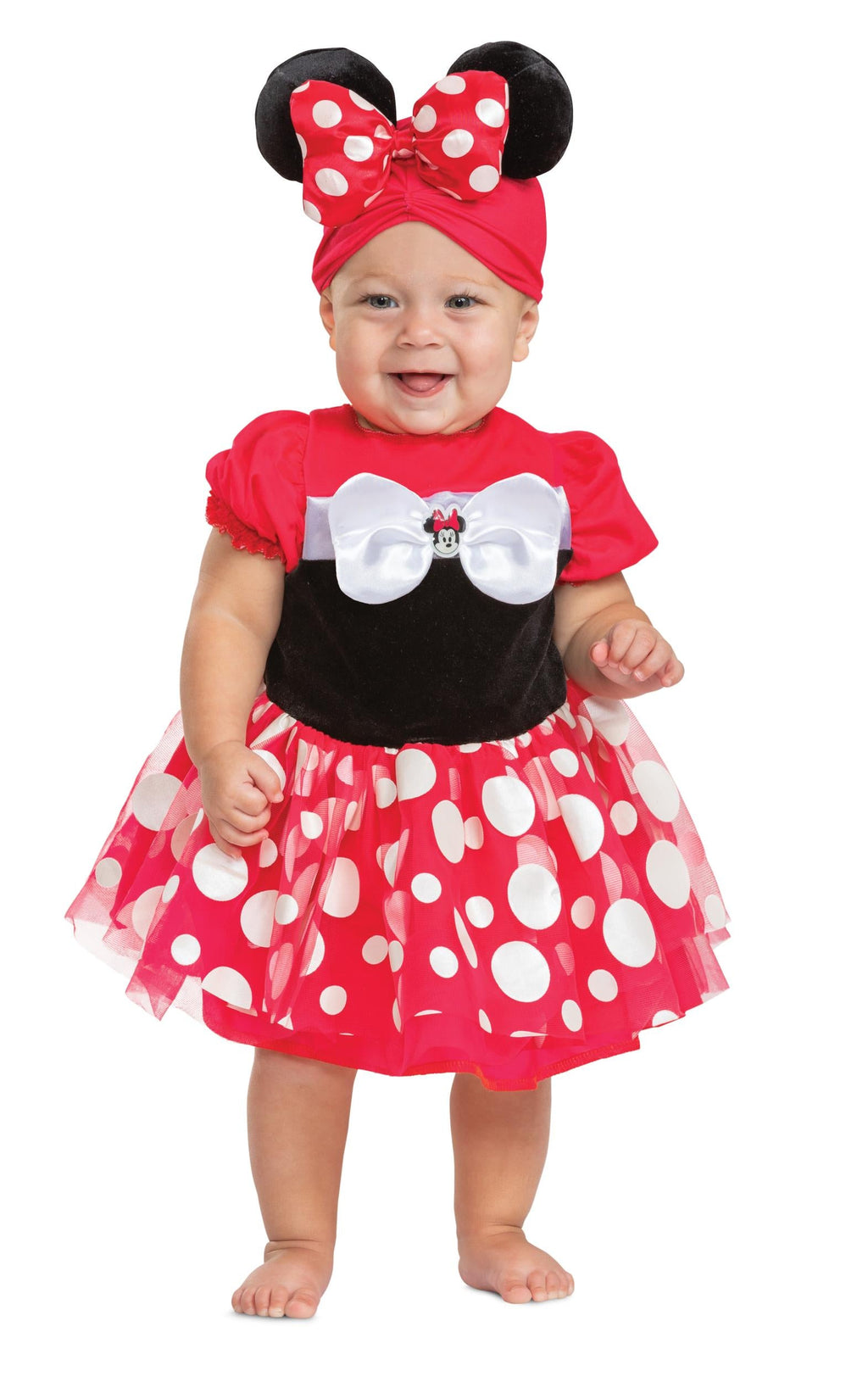 Red infant Minnie-style costume with polka-dot tulle skirt and white bow accents.