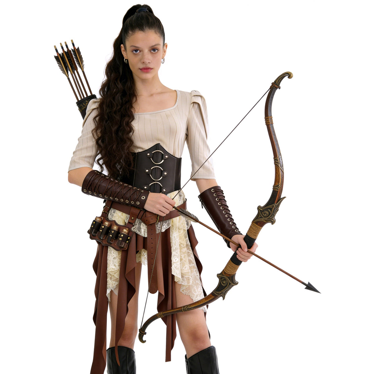 Warrior costume with tunic, corset bodice, bracers, and bow with arrows