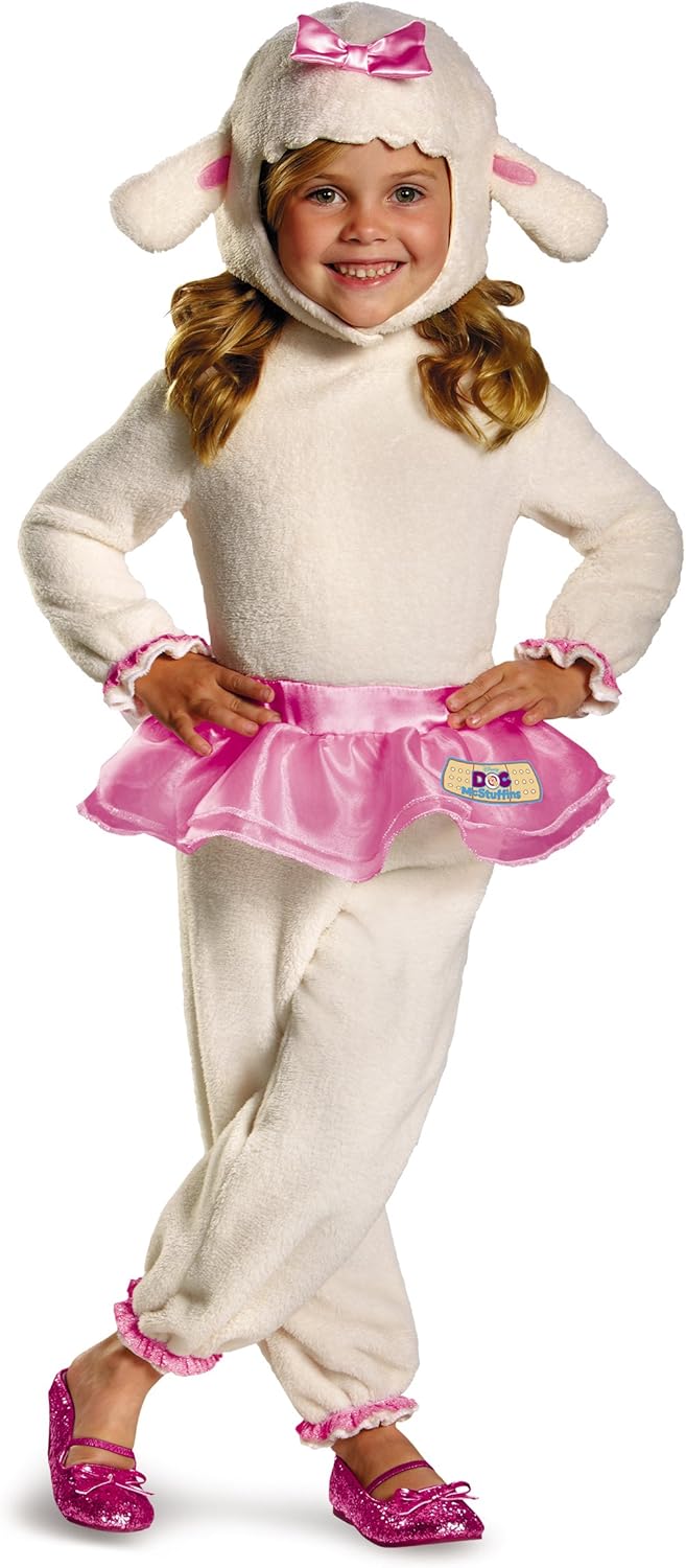 Toddler lambie sheep costume with white plush hood, pink bow, and tutu-style skirt