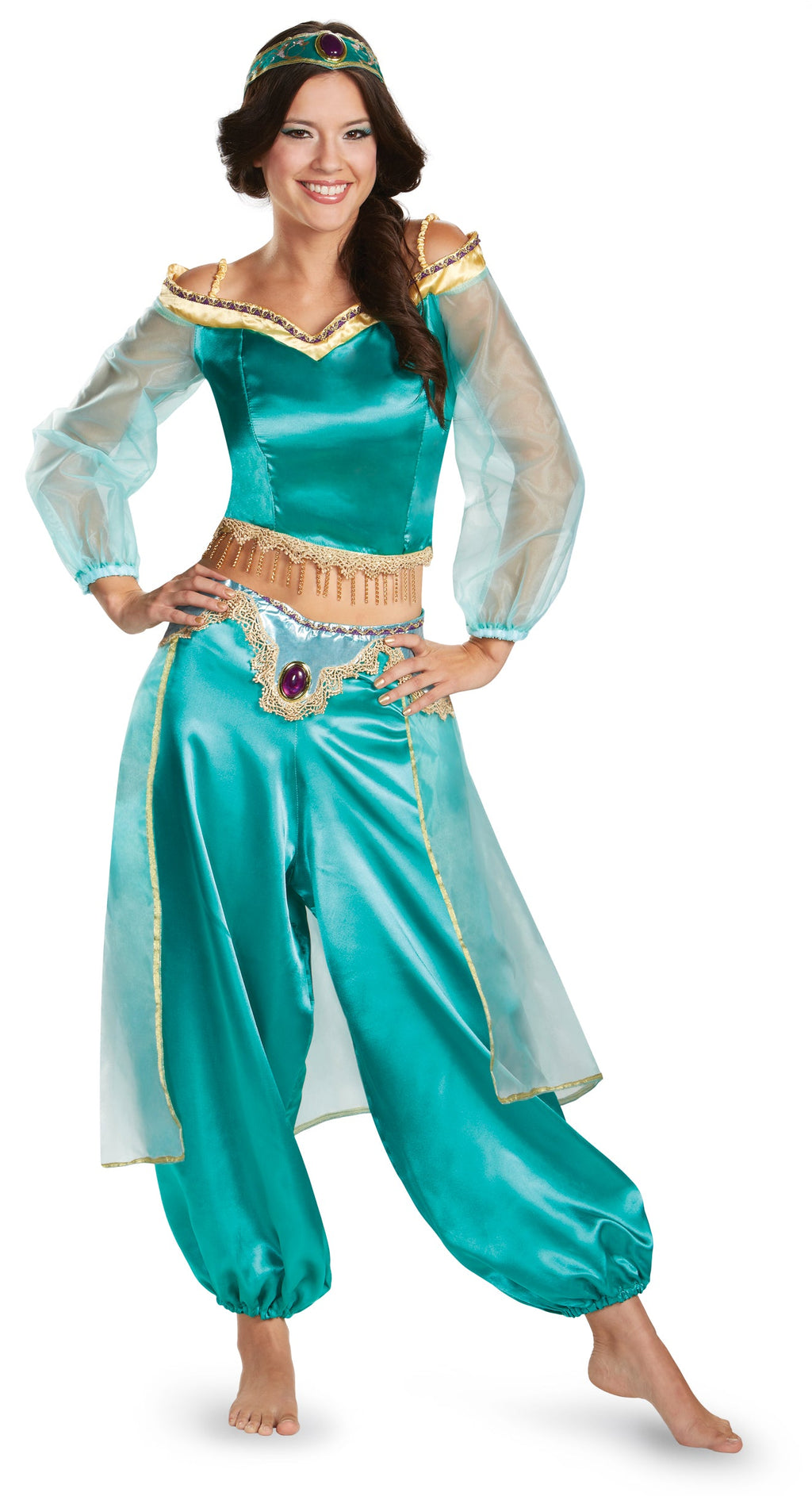 Jasmine-style teal satin women’s costume with gold trim, cropped vest, hooded headpiece