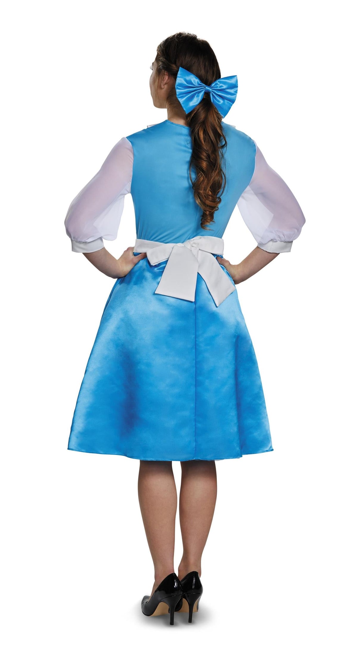 Girls blue and white dress costume back view with large bow and puff sleeves