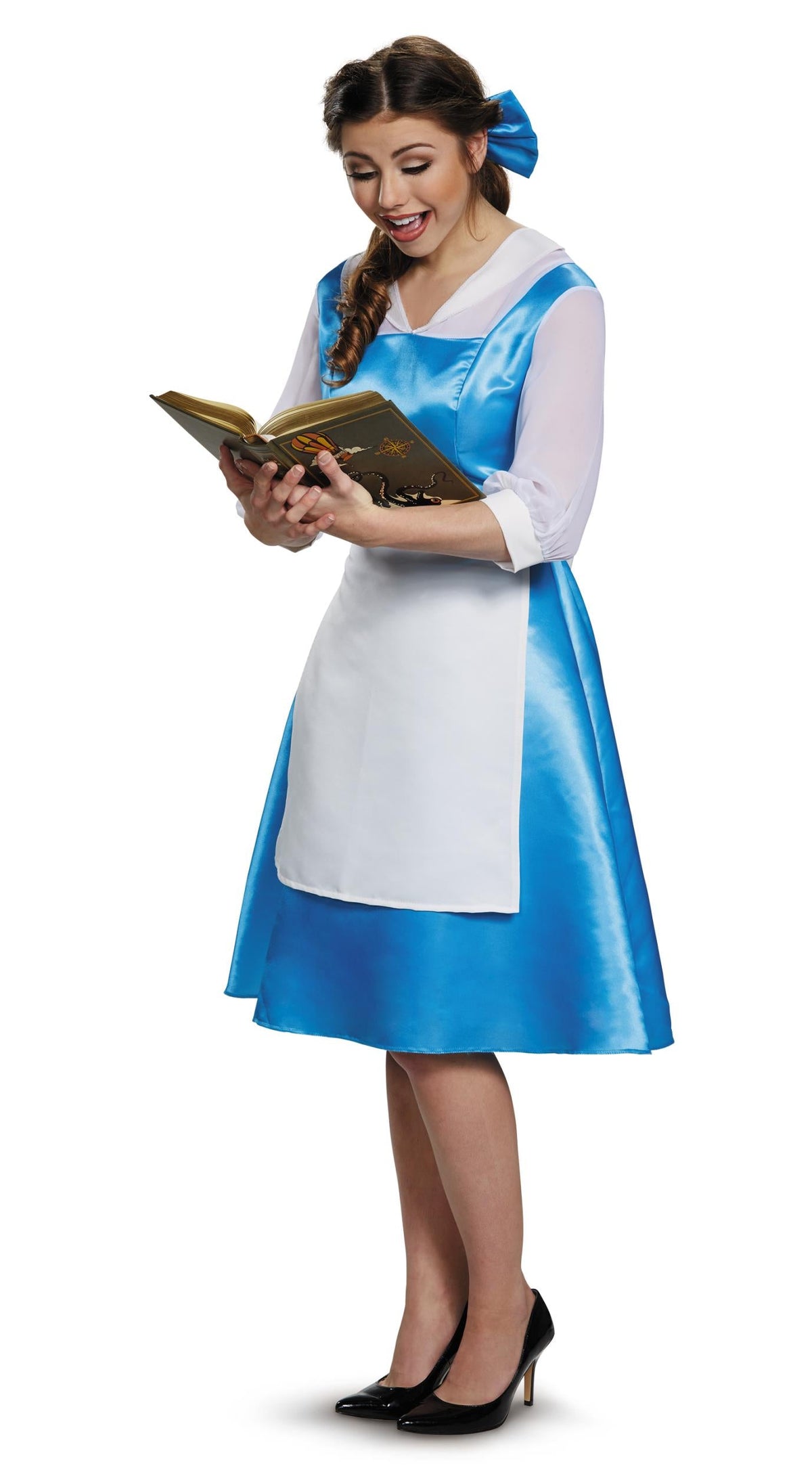 Girls blue and white satin dress costume with V-neck bodice and white apron