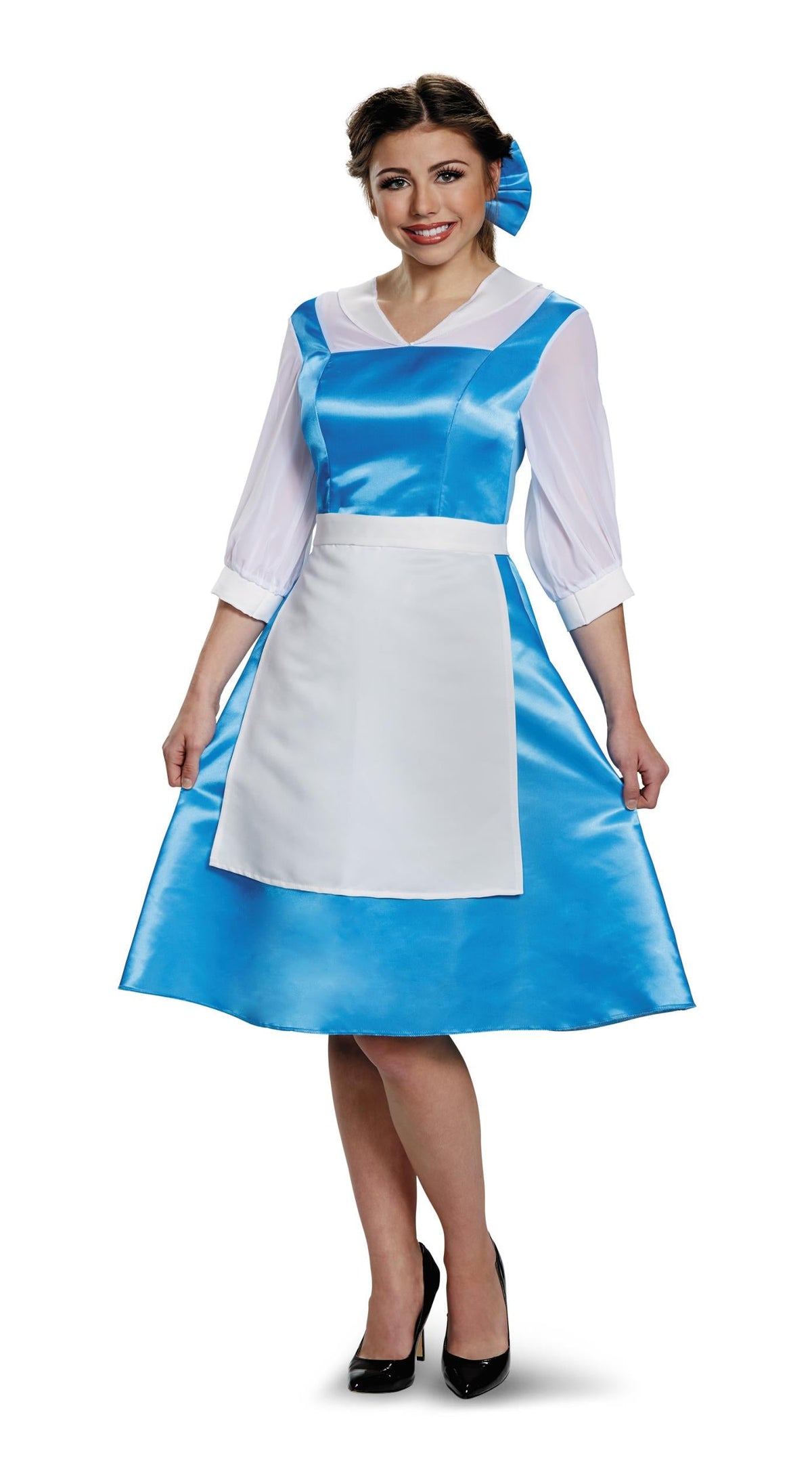 Girls blue and white satin dress costume with white long sleeves and apron